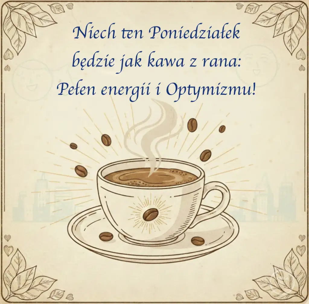 Kartka z życzeniami na poniedziałek: 'Niech ten Poniedziałek będzie jak kawa z rana: Pełen energii i Optymizmu!'. Ilustracja filiżanki kawy.