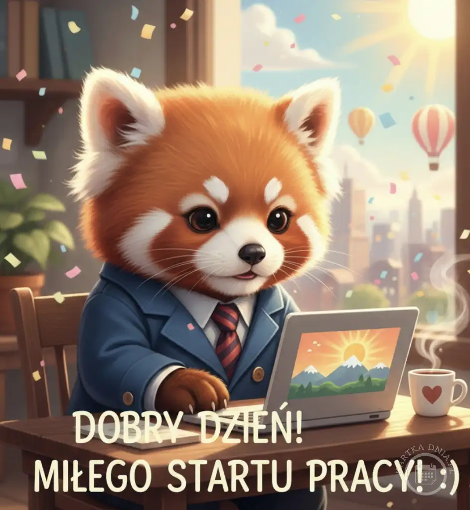 Urocza czerwona panda w garniturze i krawacie siedzi przy laptopie, z kubkiem kawy i konfetti, życząc miłego startu pracy.