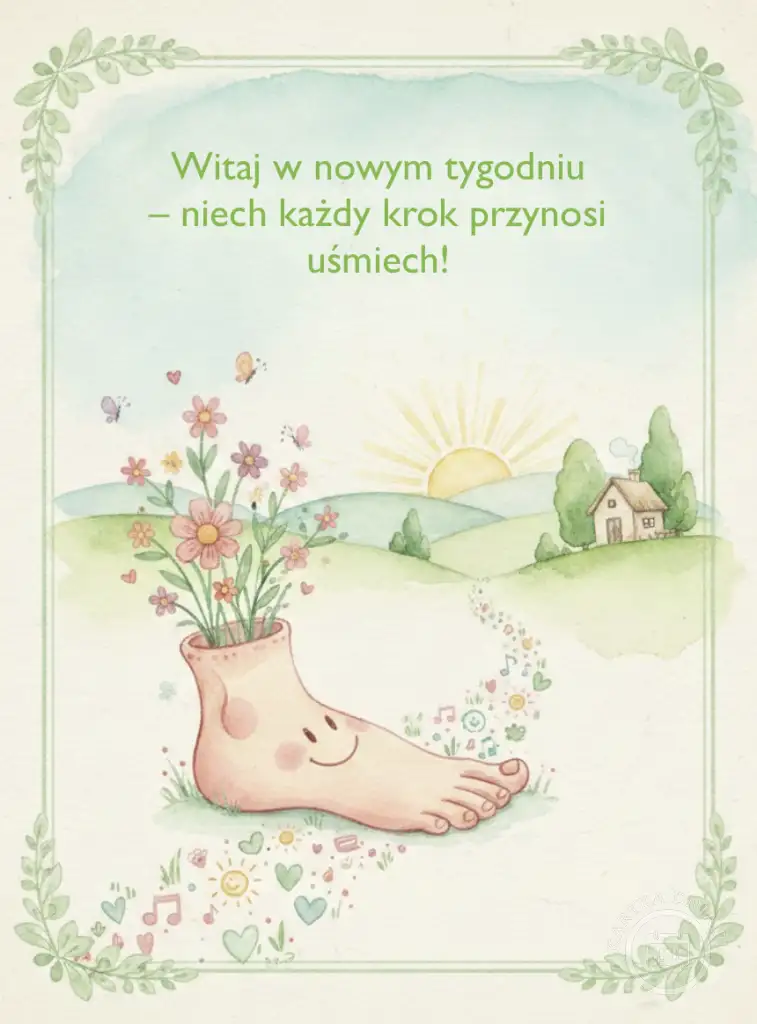 Ilustracja akwarelowa: uśmiechnięta stopa z kwiatami idzie po ścieżce pełnej nut i serc, z domkiem i słońcem w tle. Napis: Witaj w nowym tygodniu – niech każdy krok przynosi uśmiech!