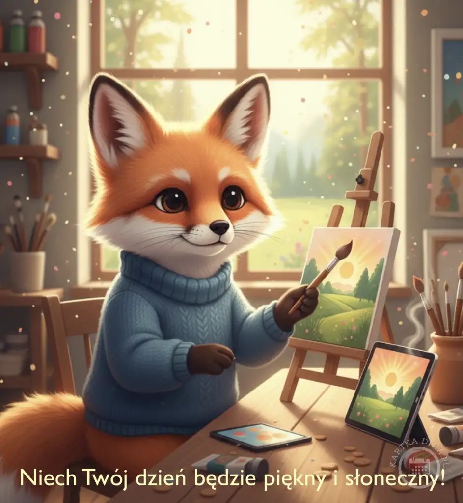 Lisek w swetrze maluje słoneczny krajobraz. Obok tablet z obrazem. Napis: Niech Twój dzień będzie piękny i słoneczny!