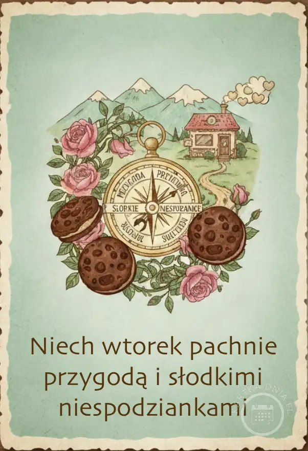 Kartka na wtorek z kompasem, różami, ciasteczkami czekoladowymi, domkiem w górach i napisem: 'Niech wtorek pachnie przygodą i słodkimi niespodziankami'.