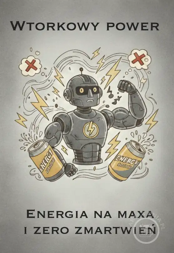 Kartka z napisem 'Wtorkowy Power'. Robot w okularach przeciwsłonecznych, pokazujący bicepsy, otoczony błyskawicami i dwoma puszkami energy drinków. Symbolizuje energię i zero zmartwień.