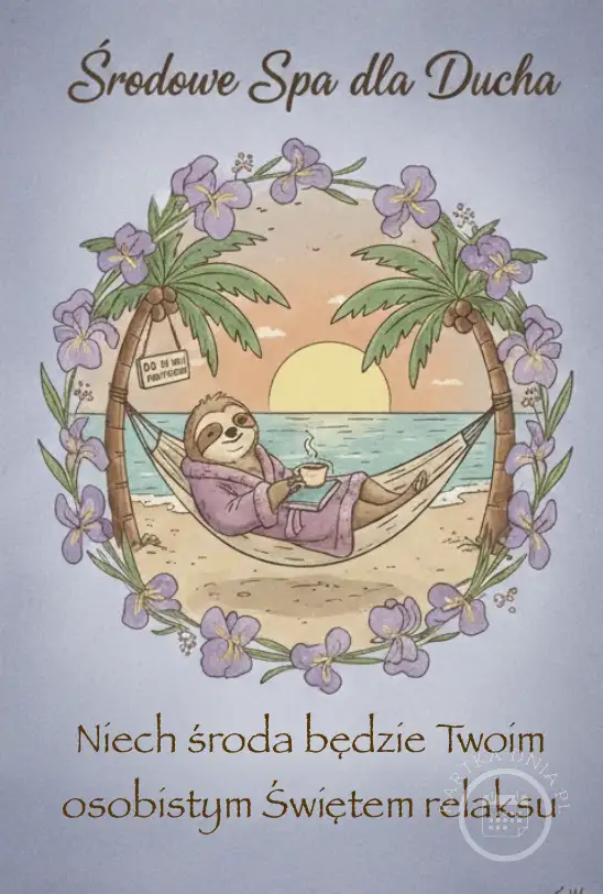 Kreskówkowy leniwiec w szlafroku, leżący w hamaku między palmami na plaży, pije kawę i czyta książkę. Ilustracja "Środowe Spa dla Ducha" otoczona fioletowymi irysami, symbolizująca relaks i odpoczynek w środę.