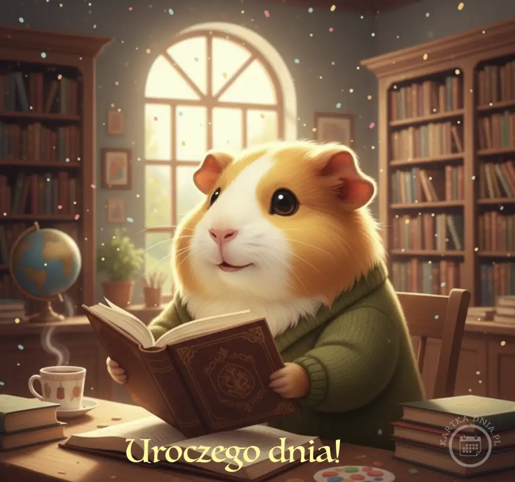 Urocza świnka morska w zielonym sweterku czytająca książkę w bibliotece, z filiżanką herbaty i konfetti. Napis: Uroczego dnia!