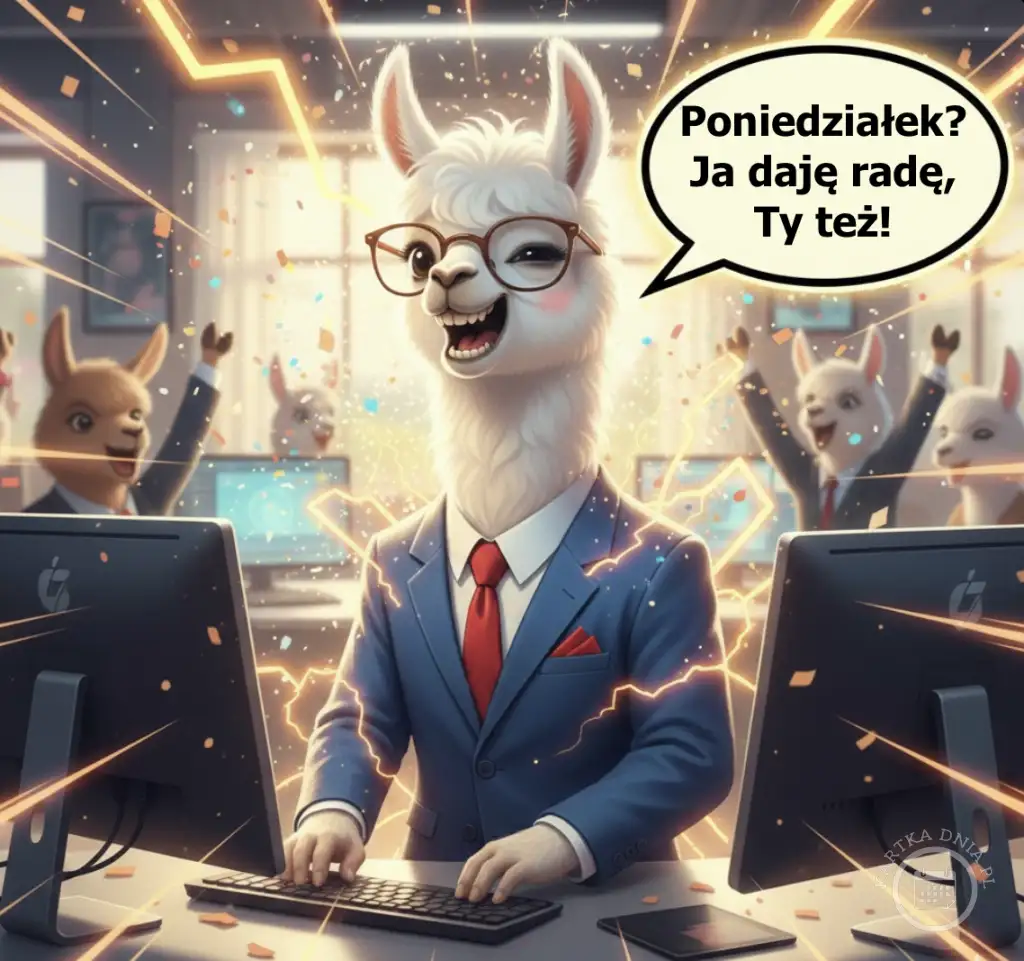 Uśmiechnięta lama w garniturze pracuje przy komputerze. Obok dymek: 'Poniedziałek? Ja daję radę, Ty też!' Motywacja na start tygodnia.
