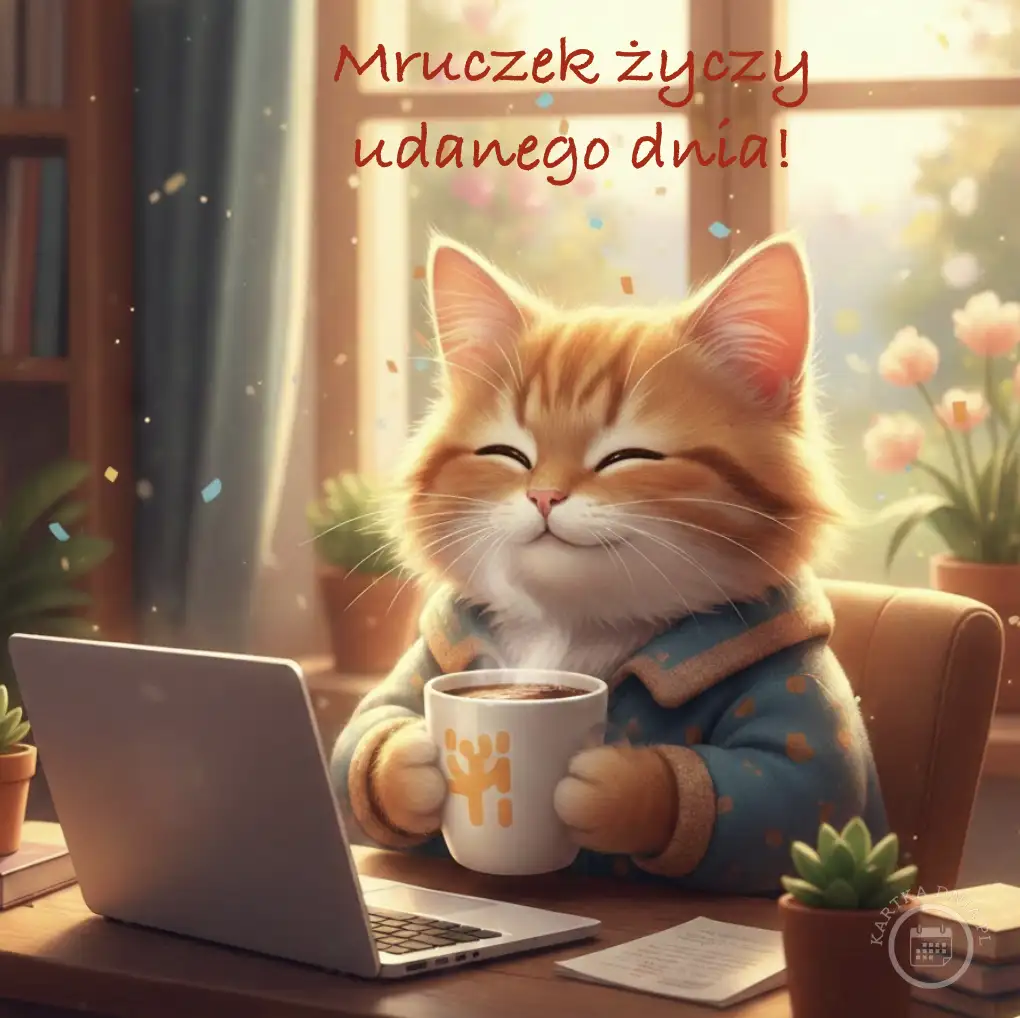 Uroczy, rudy kot Mruczek w szlafroku siedzi przy laptopie, trzymając kubek kawy, życząc