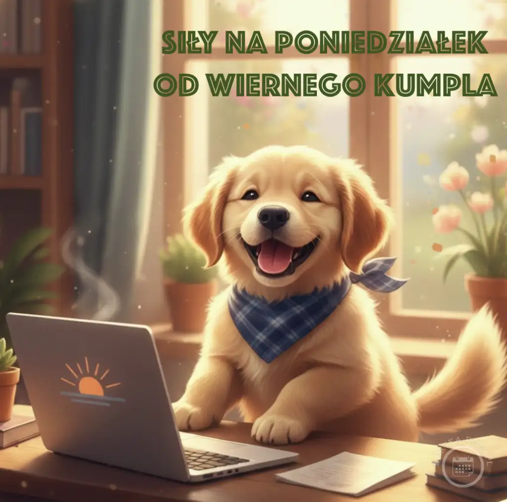 Uśmiechnięty szczeniak golden retrievera w chuście siedzi przy laptopie na biurku, z napisem "Siły na poniedziałek od wiernego kumpla".