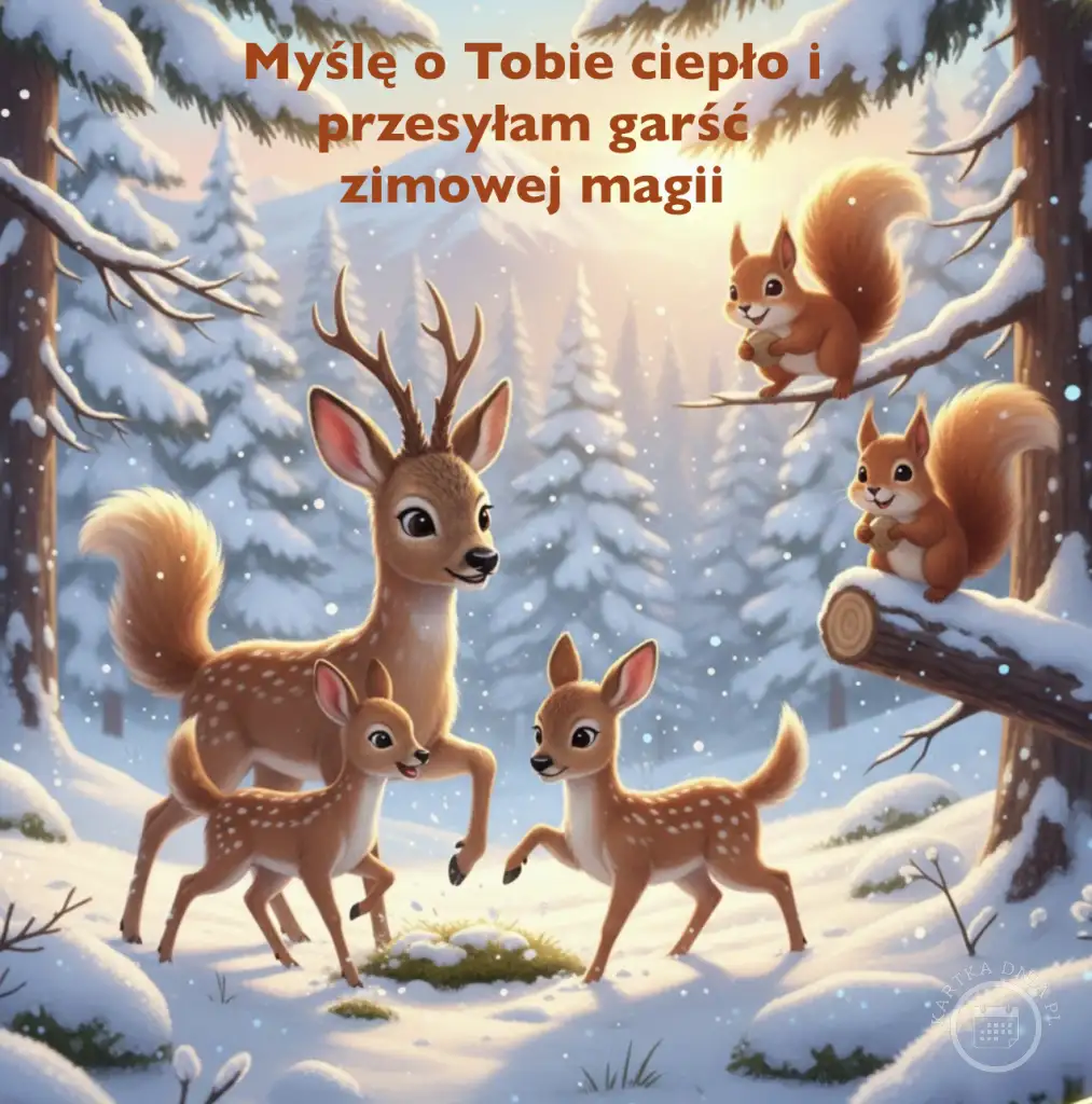 Urocza kartka na dzień dobry przedstawiająca sarnę z dwoma jelonkami i dwoma wiewiórkami w zaśnieżonym lesie. Tekst: Myślę o Tobie ciepło i przesyłam garść zimowej magii.