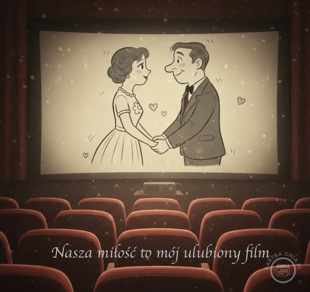Kartka walentynkowa: scena kinowa, kreskówkowa para trzymająca się za ręce na ekranie, tekst 'Nasza miłość to mój ulubiony film'.