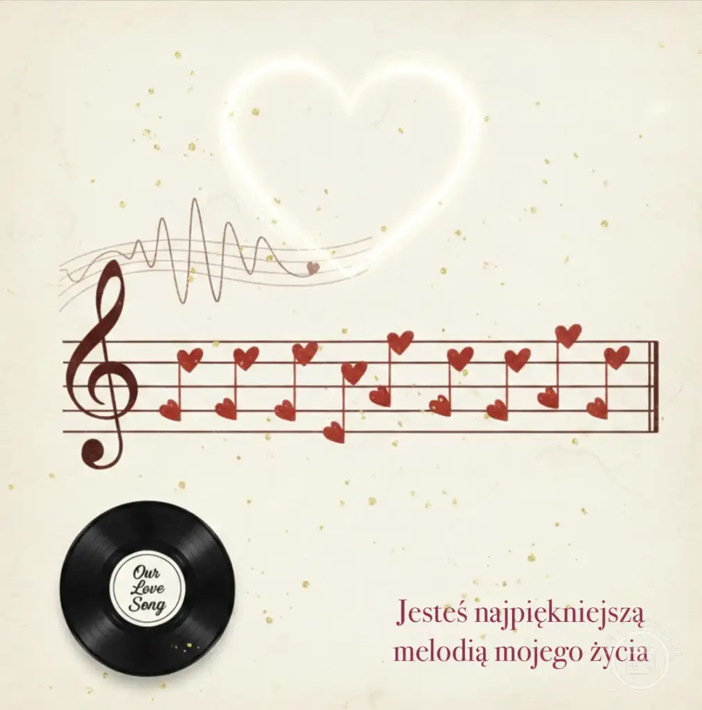 Romantyczna kartka walentynkowa z sercem, nutami w kształcie serc na pięciolinii i winylem 'Our Love Song'. Napis: 'Jesteś najpiękniejszą melodią mojego życia'.