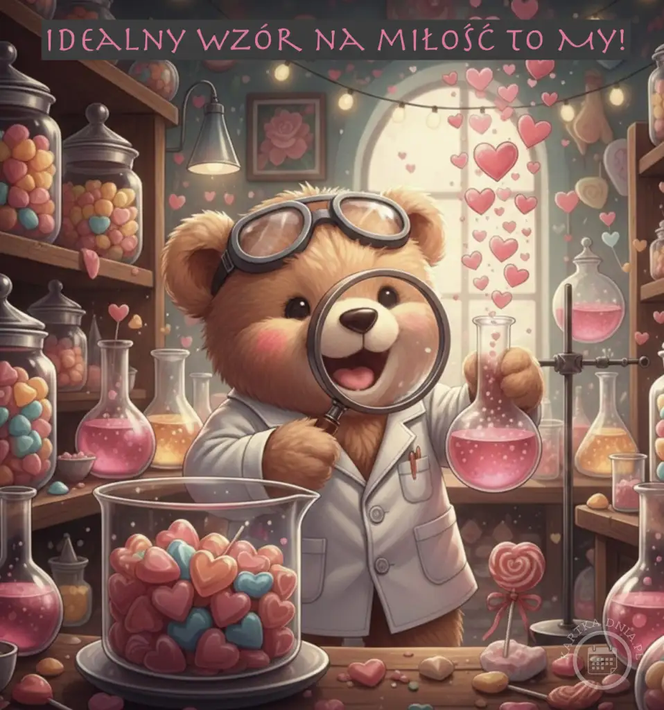 Uśmiechnięty miś-naukowiec w okularach i kitlu trzymający lupę i kolbę z różowym eliksirem miłości, otoczony serduszkami i cukierkami w walentynkowym laboratorium. Napis: Idealny wzór na miłość to MY!