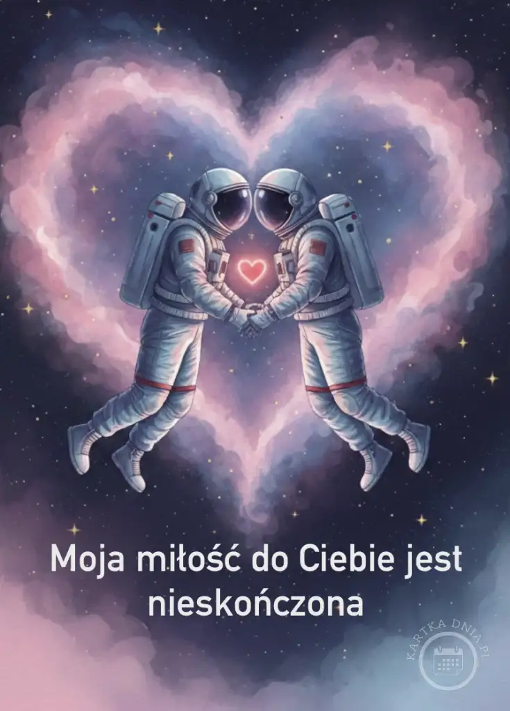 Dwóch astronautów w kosmosie trzymających się za ręce, otoczonych różową mgławicą w kształcie serca. Na dole napis: Moja miłość do Ciebie jest nieskończona. Walentynki, miłość, kosmos.