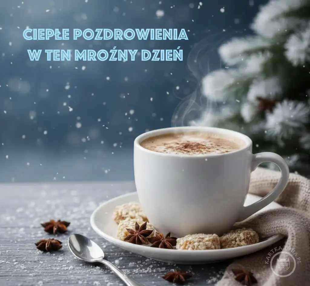 Filiżanka parującej kawy z cynamonem na spodeczku z ciasteczkami i anyżem, na tle padającego śniegu i gałęzi choinki. Obok łyżeczka i napis: Ciepłe pozdrowienia w ten mroźny dzień.