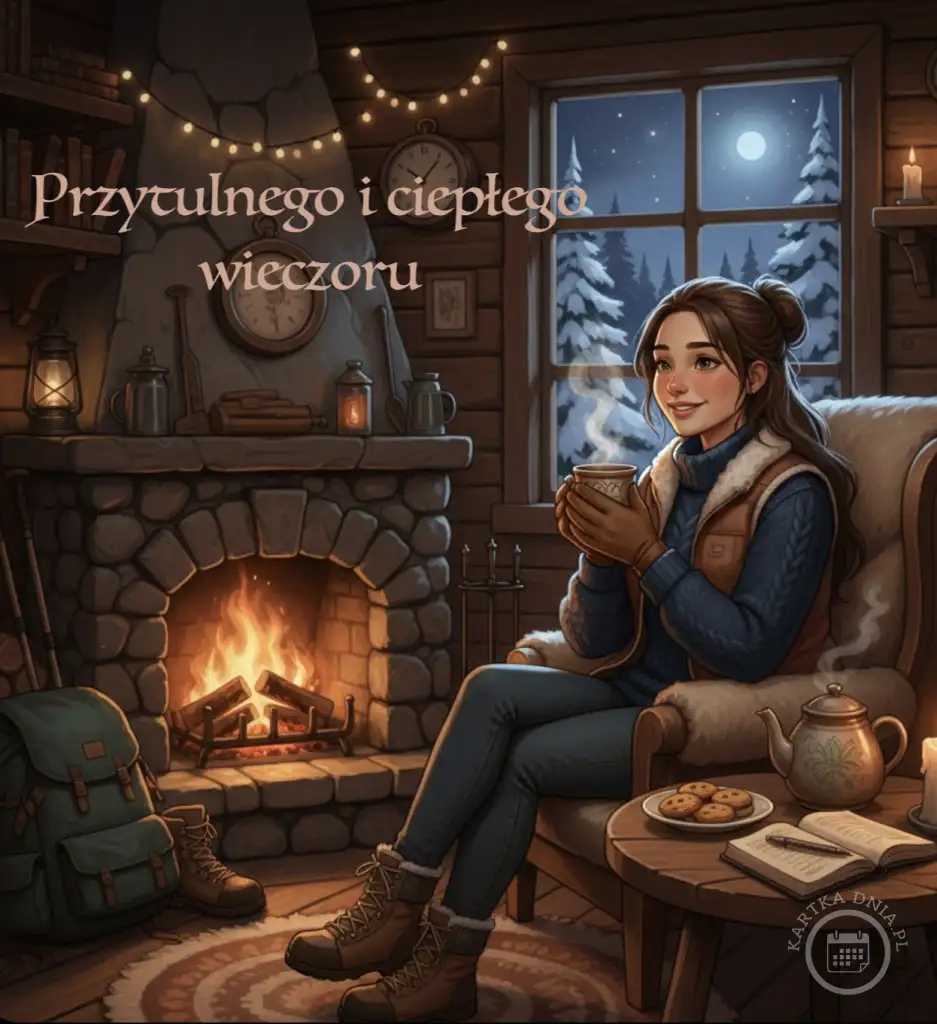Ilustracja przytulnego zimowego wieczoru: kobieta z kubkiem herbaty przy kominku, za oknem śnieg. Idealna kartka na dobranoc.