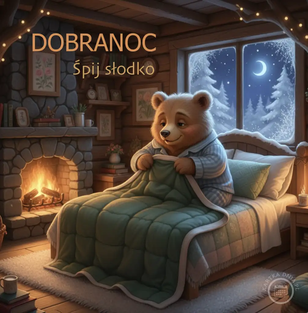 Uroczy miś w piżamie siedzący w łóżku pod zieloną kołdrą, z kominkiem po lewej i zimowym widokiem za oknem. Tekst: DOBRANOC Śpij słodko.