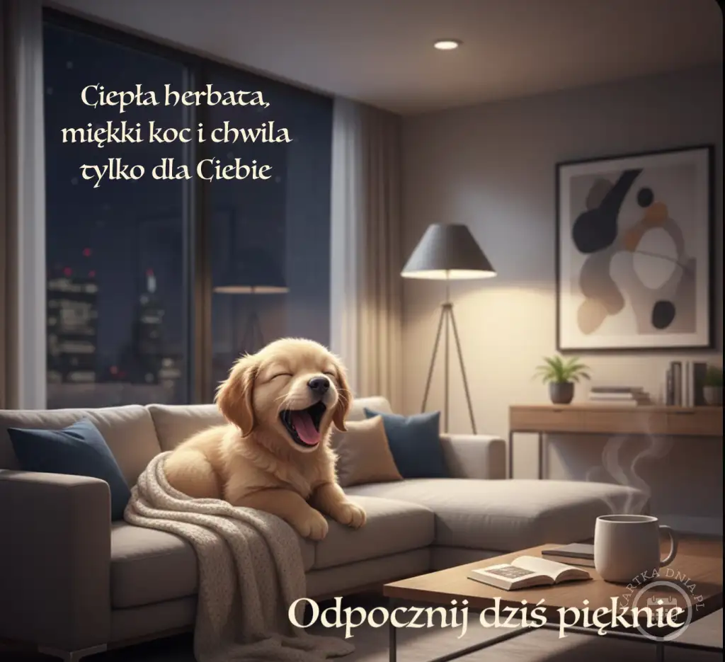 Uroczy szczeniak golden retrievera ziewający na sofie pod kocem w przytulnym salonie. Idealna na życzenia dobrej nocy.