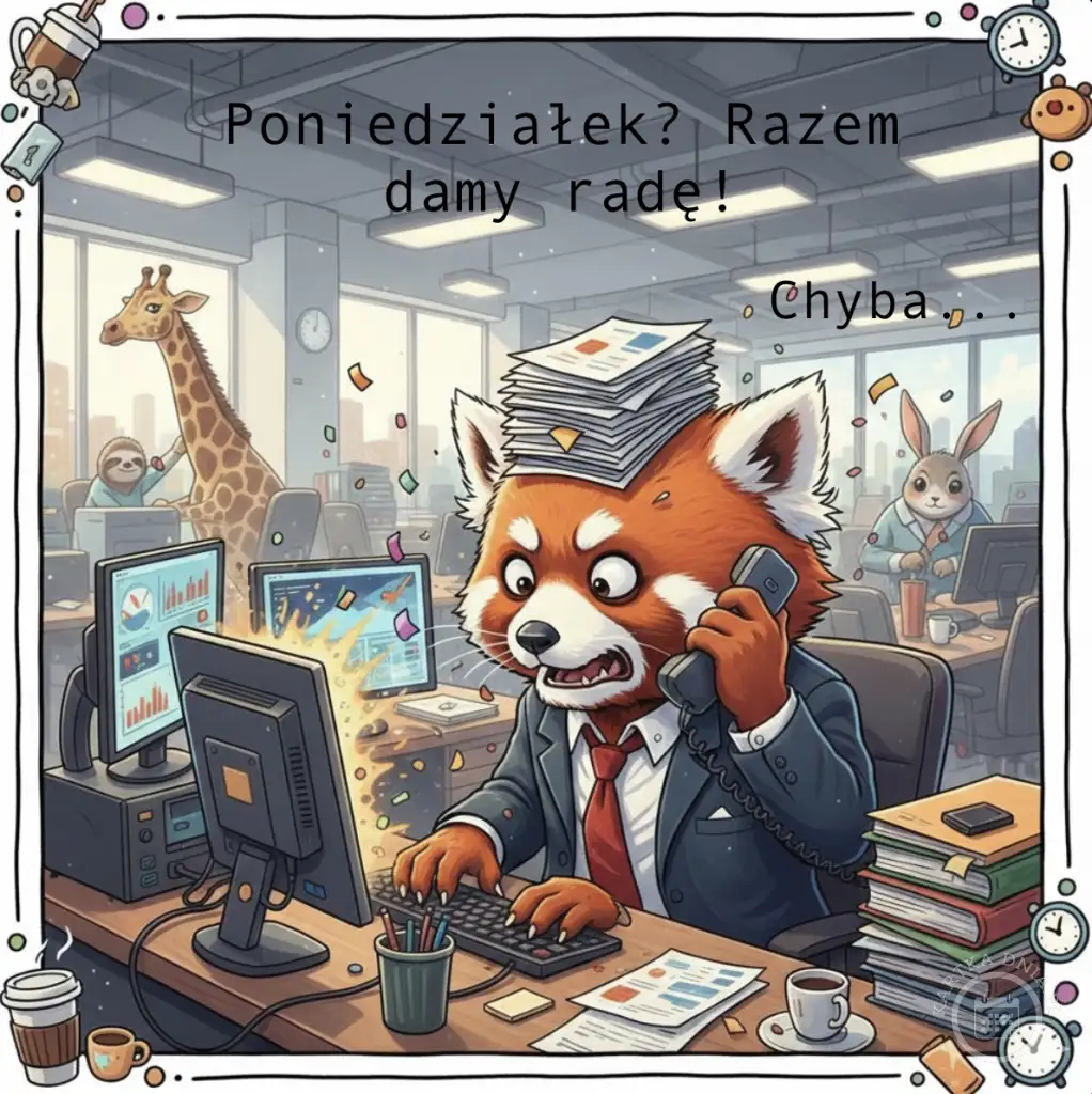 Czerwona panda w garniturze, zestresowana w biurze, z papierami na głowie, rozmawia przez telefon, monitor iskrzy. W tle żyrafa i leniwiec pracują. Napis: 'Poniedziałek? Razem damy radę! Chyba...'