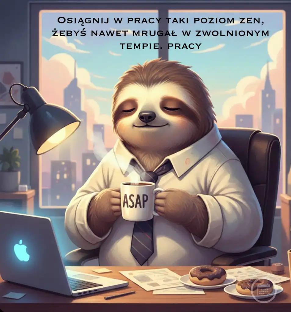 Uśmiechnięty leniwiec w koszuli i krawacie pije kawę z kubka ASAP przy biurku z laptopem i pączkami. Zen w pracy.