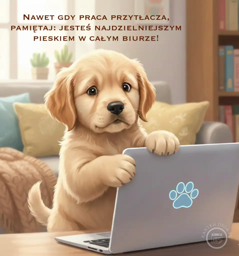 Uroczy szczeniak golden retrievera siedzący przy laptopie w biurze, z napisem motywacyjnym "Jesteś najdzielniejszym pieskiem w biurze!".