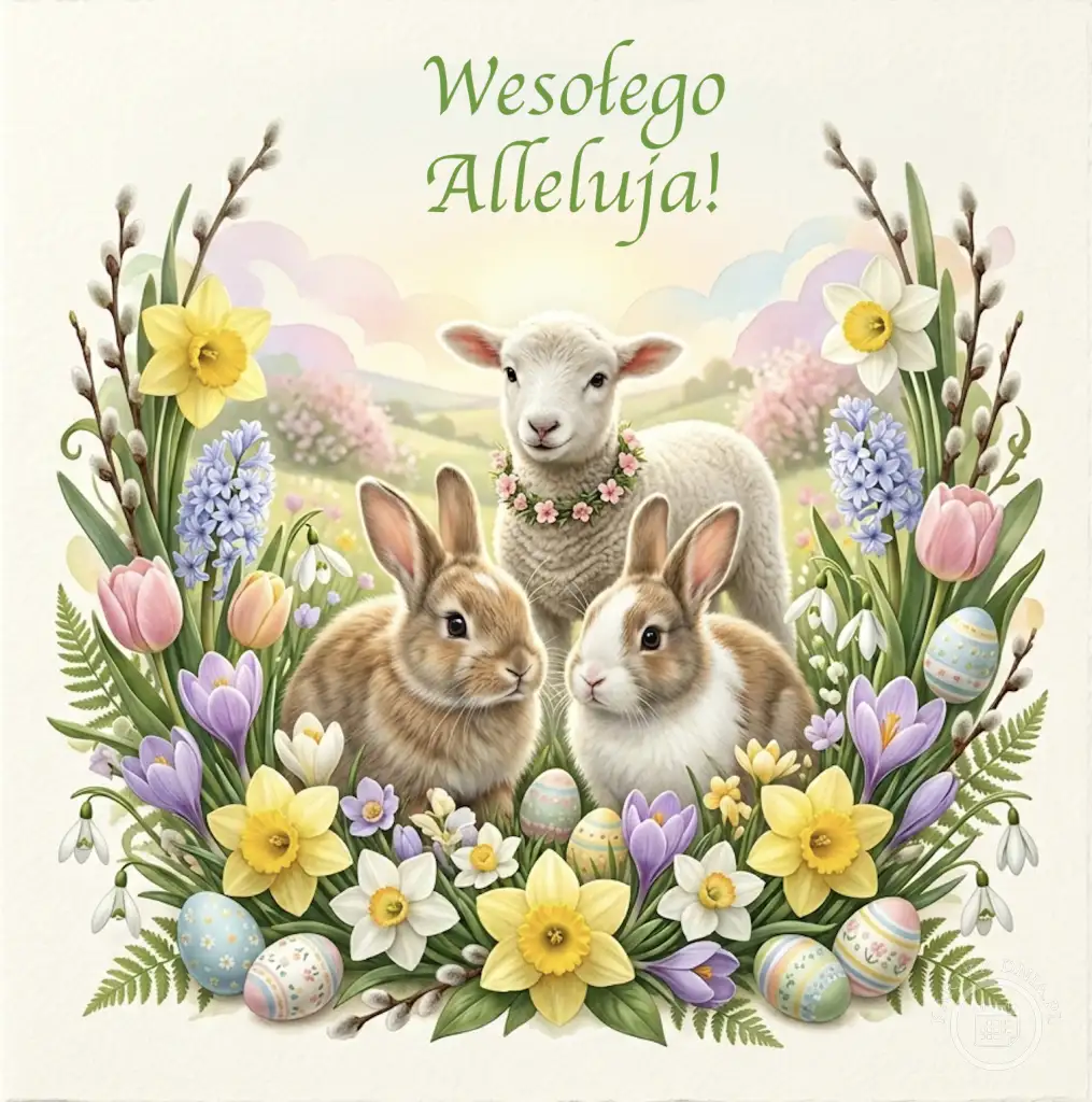 Kartka Wielkanocna 'Wesołego Alleluja!' z barankiem, dwoma zajączkami, żonkilami, tulipanami, krokusami i pisankami.