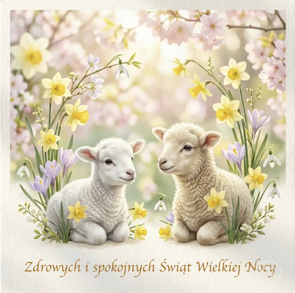 Dwa urocze baranki wśród wiosennych kwiatów: żonkili, krokusów i przebiśniegów. Napis: "Zdrowych i spokojnych Świąt Wielkiej Nocy".