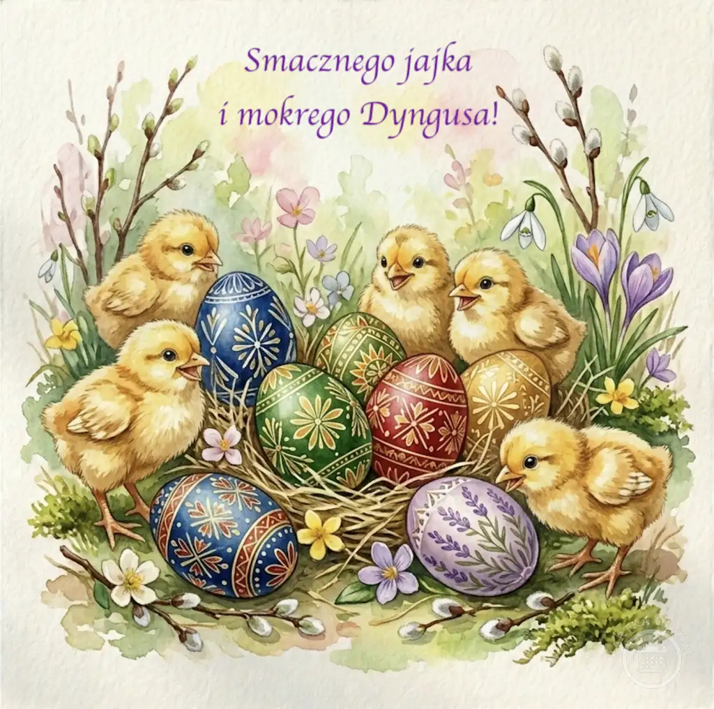 Akwarelowa ilustracja wesołych żółtych kurczaczków i pięknie zdobionych pisanek w gniazdku, otoczonych wiosennymi kwiatami i baziami. Kartka z napisem 'Smacznego jajka i mokrego Dyngusa!'