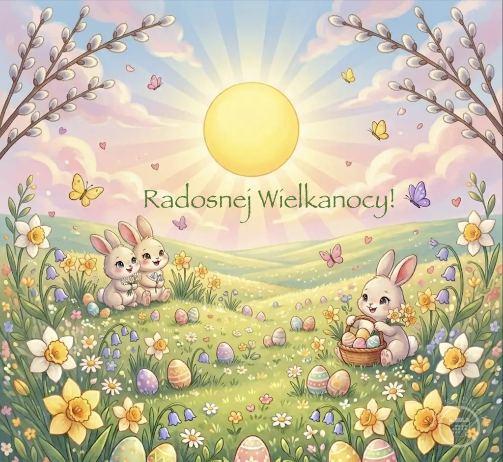 Radosna kartka wielkanocna z trzema zajączkami, pisankami, żonkilami, baziami i motylami. Wiosenny krajobraz ze słońcem.