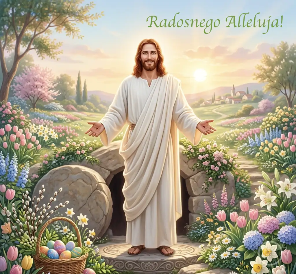 Jezus Zmartwychwstały z otwartymi ramionami przed pustym grobem, w otoczeniu wiosennych kwiatów i kosza z pisankami. Napis: Radosnego Alleluja!