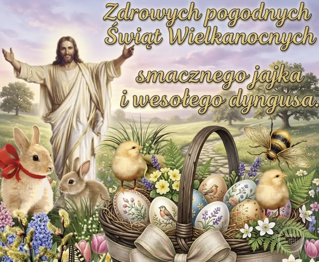 Kartka Wielkanocna z Jezusem z otwartymi ramionami, zajączkami, kurczaczkami i koszem pełnym pisankami. Wiosenna sceneria z kwiatami i życzeniami.