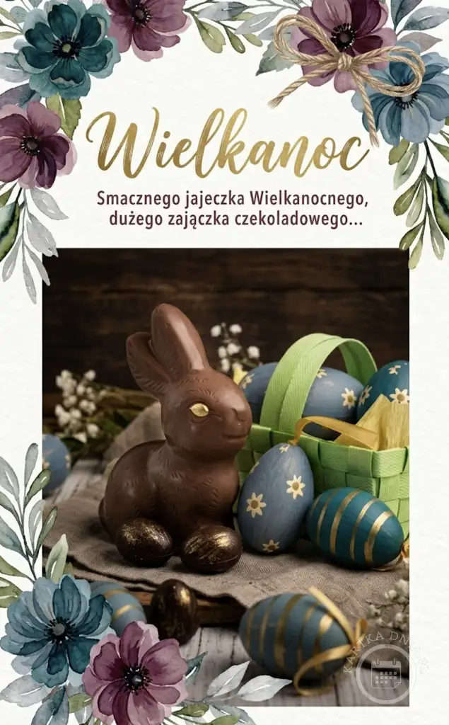 Czekoladowy zajączek wielkanocny obok koszyka z błękitnymi i turkusowymi pisankami ze złotymi zdobieniami, otoczony akwarelowymi kwiatami.