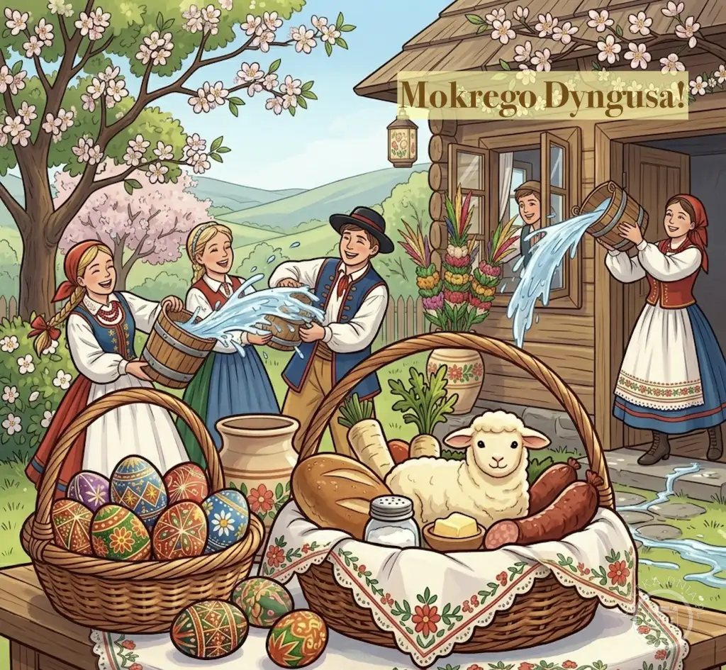 Tradycyjna kartka wielkanocna przedstawiająca Śmigus-Dyngus, ludzi w strojach ludowych, kosze z pisankami i barankiem.
