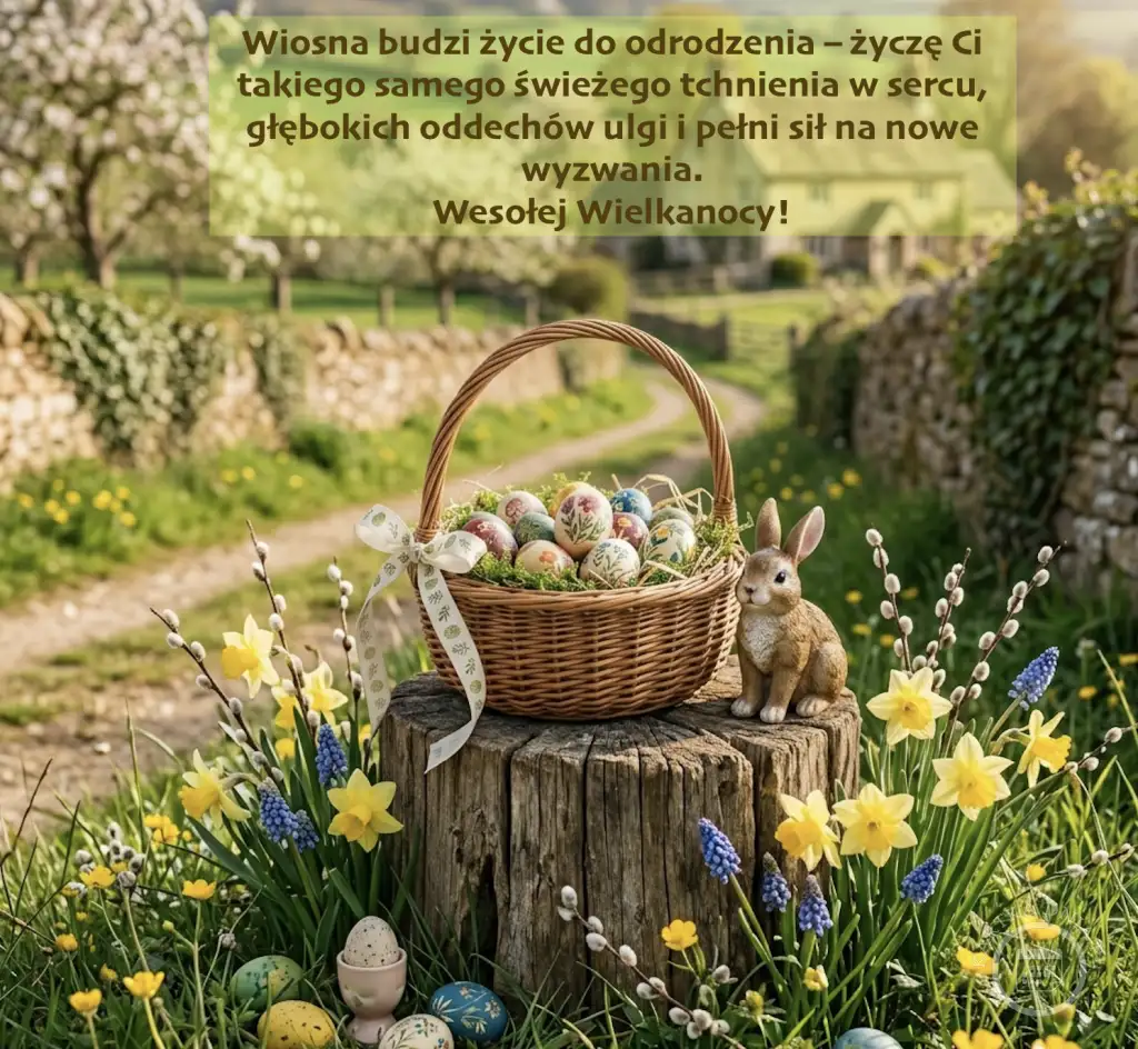 Kartka Wielkanocna z koszykiem pełnym kolorowych pisanek, figurką zajączka, wiosennymi kwiatami i życzeniami Wesołej Wielkanocy.