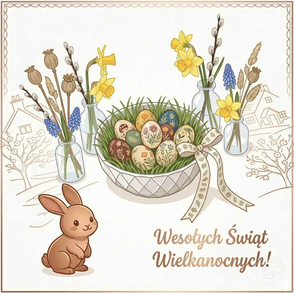 Kartka wielkanocna z koszykiem pisankek, żonkilami, baziami, szafirkami i zajączkiem. Napis 'Wesołych Świąt Wielkanocnych!'