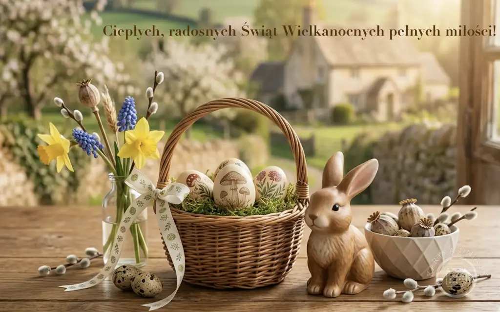 Wielkanocna kartka z życzeniami: koszyk z pisankami, ceramiczny zajączek, wiosenne kwiaty (żonkile, szafirki, bazie) i jajka przepiórcze na drewnianym stole. W tle wiejski krajobraz.