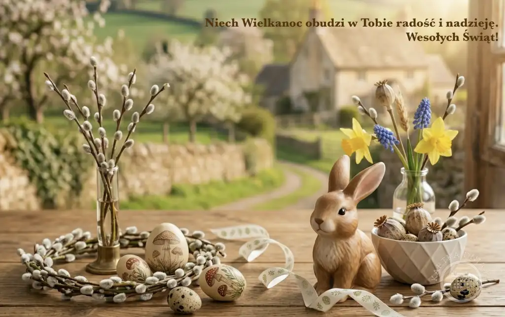 Wiosenna dekoracja wielkanocna na drewnianym stole: bazie, ozdobne jajka z grzybkami, ceramiczny zajączek, tulipany, hiacynty w wazonie, na tle sielskiego krajobrazu z domem i kwitnącymi drzewami. Napis: 'Niech Wielkanoc obudzi w Tobie radość i nadzieję. Wesołych Świąt!'