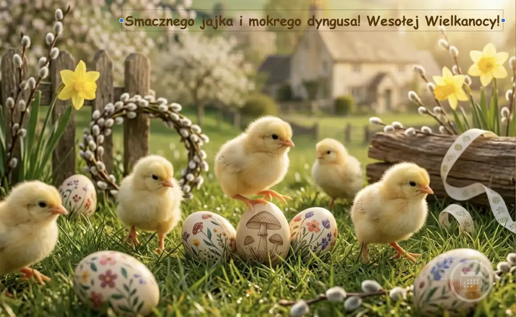 Wielkanocna kartka z uroczymi kurczakami, malowanymi pisankami, baziami, żonkilami na trawie. Wiosenna sceneria. Życzenia świąteczne.