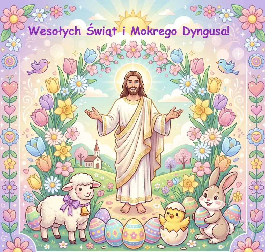 Kartka wielkanocna z Jezusem, barankiem, zającem, kurczaczkiem i kolorowymi pisankami. Wiosenne kwiaty i życzenia 'Wesołych Świąt i Mokrego Dyngusa!'