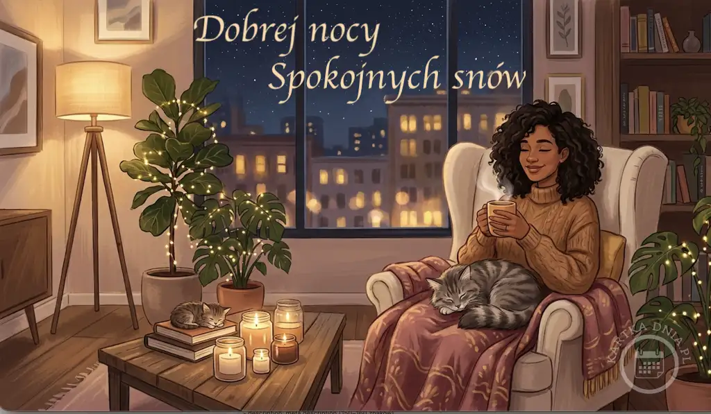 Przytulna ilustracja: kobieta z kotem w fotelu pije herbatę, obok świece i roślina, a za oknem rozgwieżdżone niebo. Kartka na dobranoc.