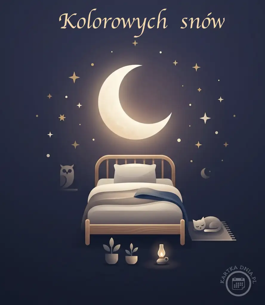 Ilustracja kartki na dobranoc z napisem Kolorowych snów. Na tle nocnego nieba księżyc i gwiazdy, łóżko, śpiący kot, sowa i lampka nocna.