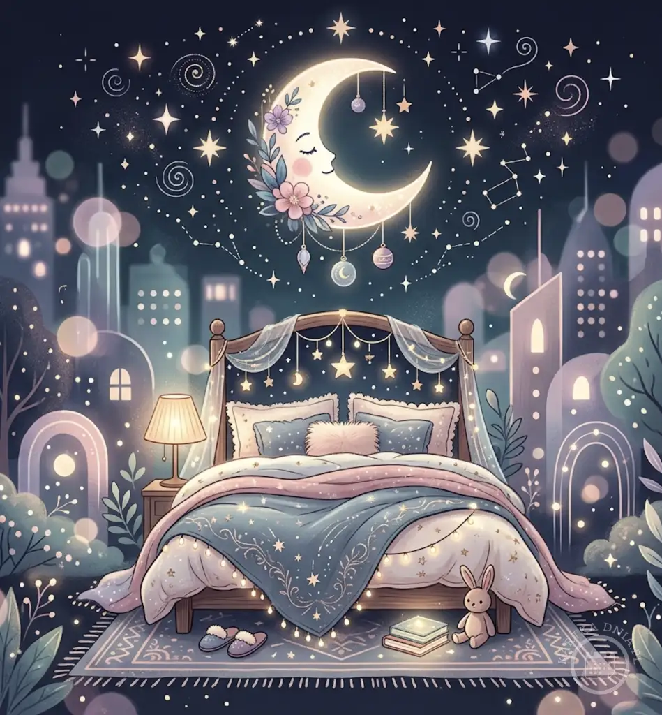 Urocza ilustracja przedstawiająca przytulną sypialnię z łóżkiem, lampką nocną i pluszowym królikiem, pod magicznym, uśmiechniętym księżycem w pełni kwitnącym wśród gwiazd i miejskiego krajobrazu, idealna na kartkę dobranoc.