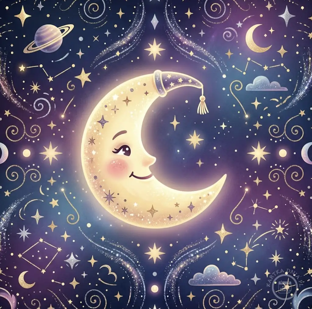 Uśmiechnięty księżyc w czapce nocnej otoczony błyszczącymi gwiazdami, konstelacjami i planetami na tle nocnego nieba.