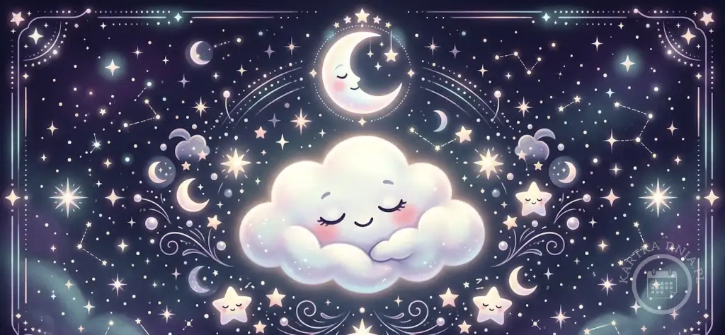 Ilustracja uśmiechniętej chmurki i księżyca śpiących spokojnie wśród gwiazd i konstelacji na ciemnym, nocnym niebie. Idealna kartka na dobranoc.