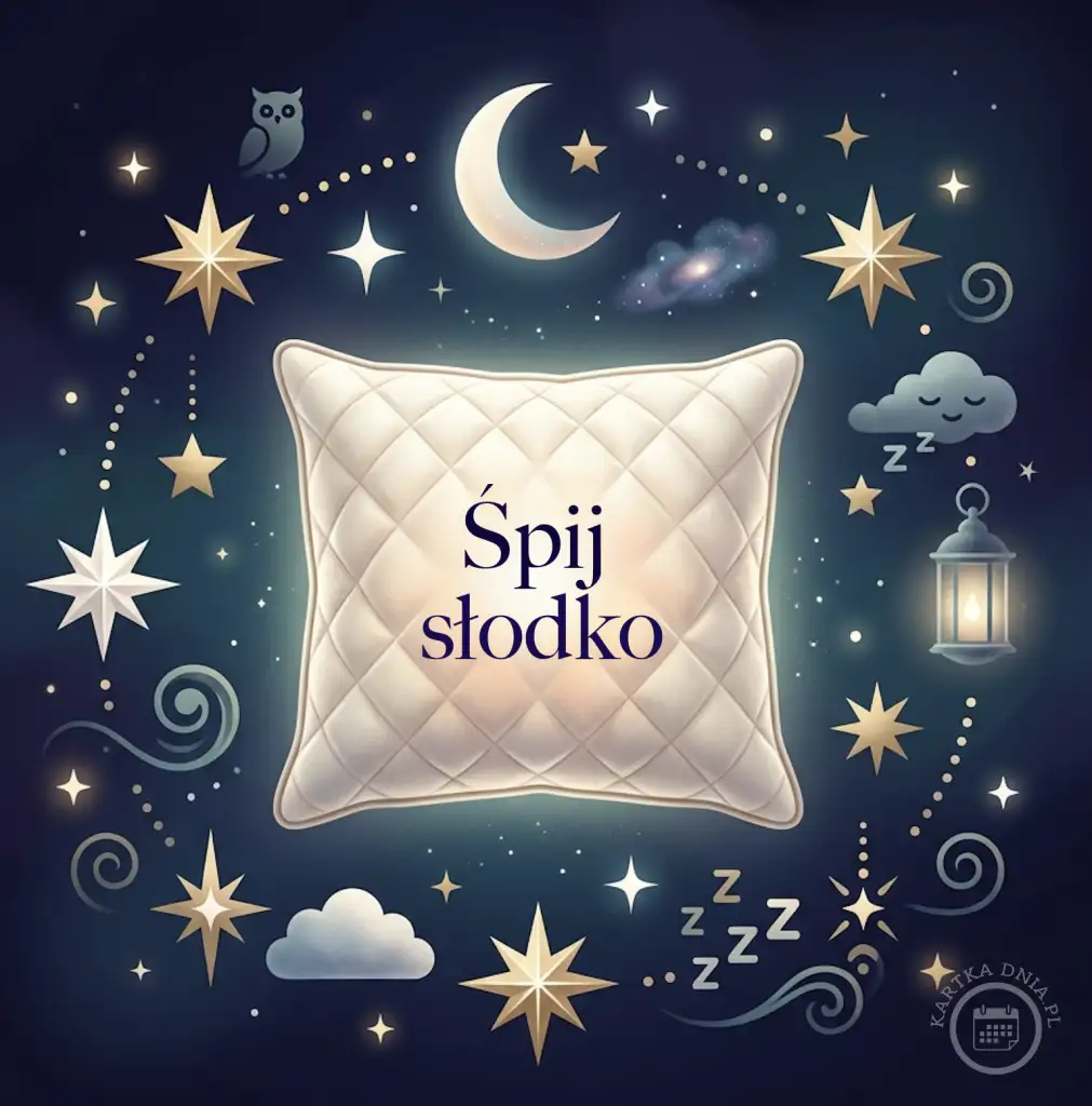 Ilustracja kartki na dobranoc z białą, pikowaną poduszką z napisem "Śpij słodko", otoczoną nocnym niebem z gwiazdami, księżycem, sową i śpiącą chmurką.