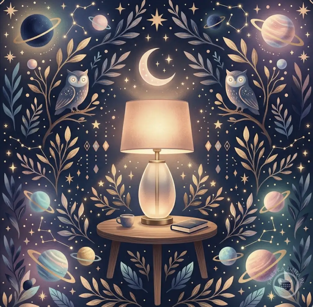 Ilustracja kartki na dobranoc z magicznym, nocnym motywem: sowy, planety, gwiazdy, księżyc i świecąca lampa na stoliku obok książki i kubka.