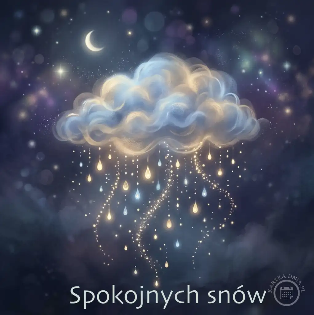Magiczna kartka na dobranoc z niebem pełnym gwiazd, księżycem i chmurą, z której spadają lśniące krople. Tekst: Spokojnych snów.