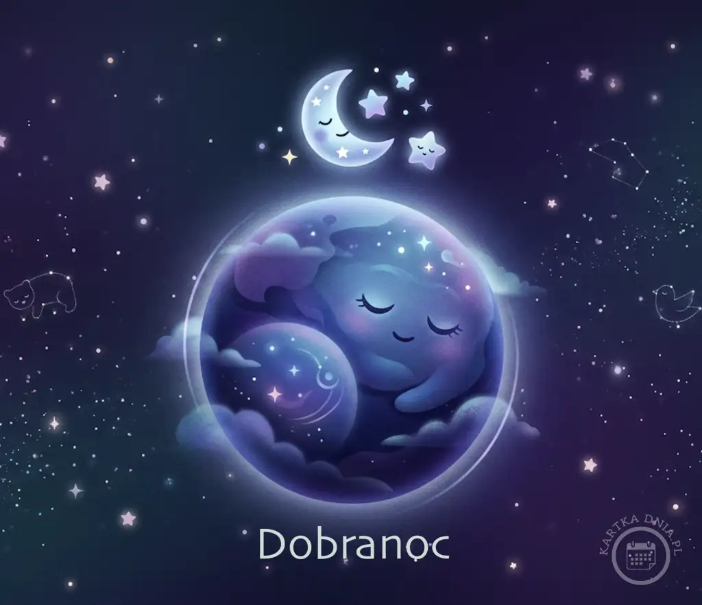 Ilustracja uśpionej planety z mniejszą planetą wewnątrz, otoczonej śpiącym księżycem i gwiazdami na tle rozgwieżdżonego kosmosu z napisem Dobranoc.