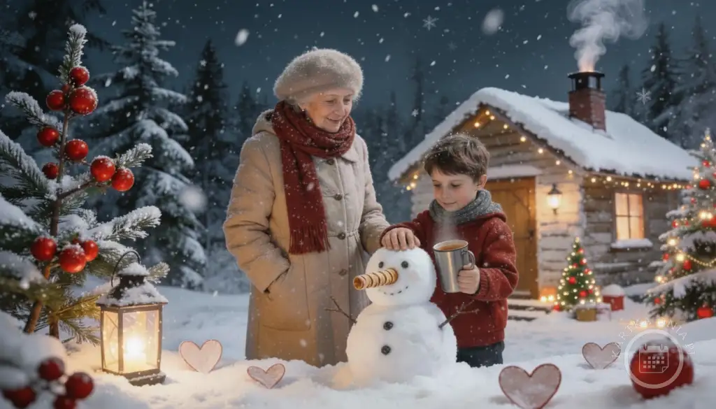 Babcia i wnuczek wspólnie lepiący bałwana w zimowym ogrodzie przy oświetlonej chatce, wśród choinek i serc ze śniegu. Uśmiechnięta, ciepła scena.