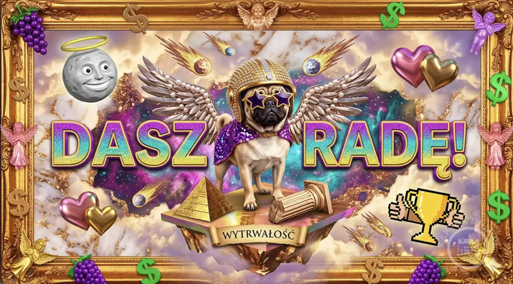 Motywacyjna kartka "Dasz Radę!" z psem rasy mops w kasku i okularach, skrzydłami. W tle komety, księżyc, piramida, puchar.