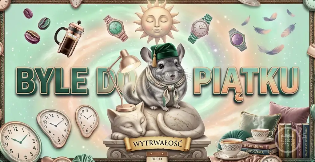 Grafika 'Byle do Piątku' z szynszylą w czapce, śpiącym kotem, zegarami i kawą, symbolizująca wytrwałość w pracy.