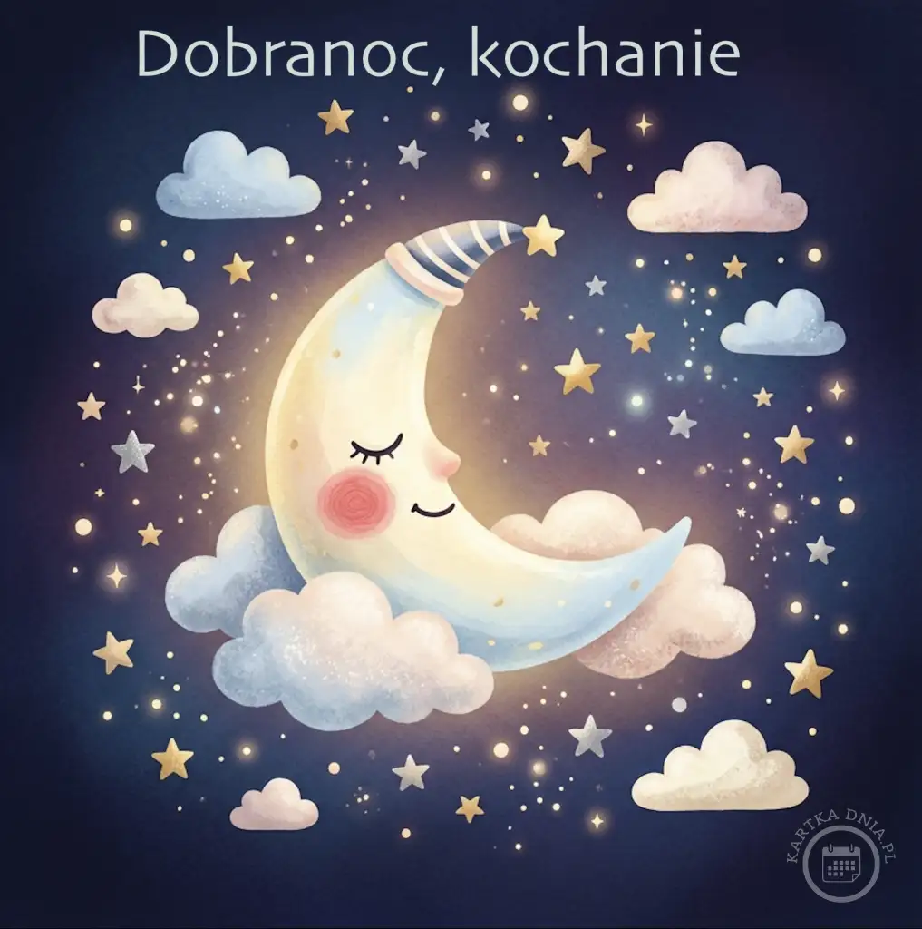 Księżyc w czapce nocnej śpi otoczony chmurami i gwiazdami na granatowym niebie z napisem 'Dobranoc, kochanie'. Kartka na dobranoc dla bliskiej osoby.
